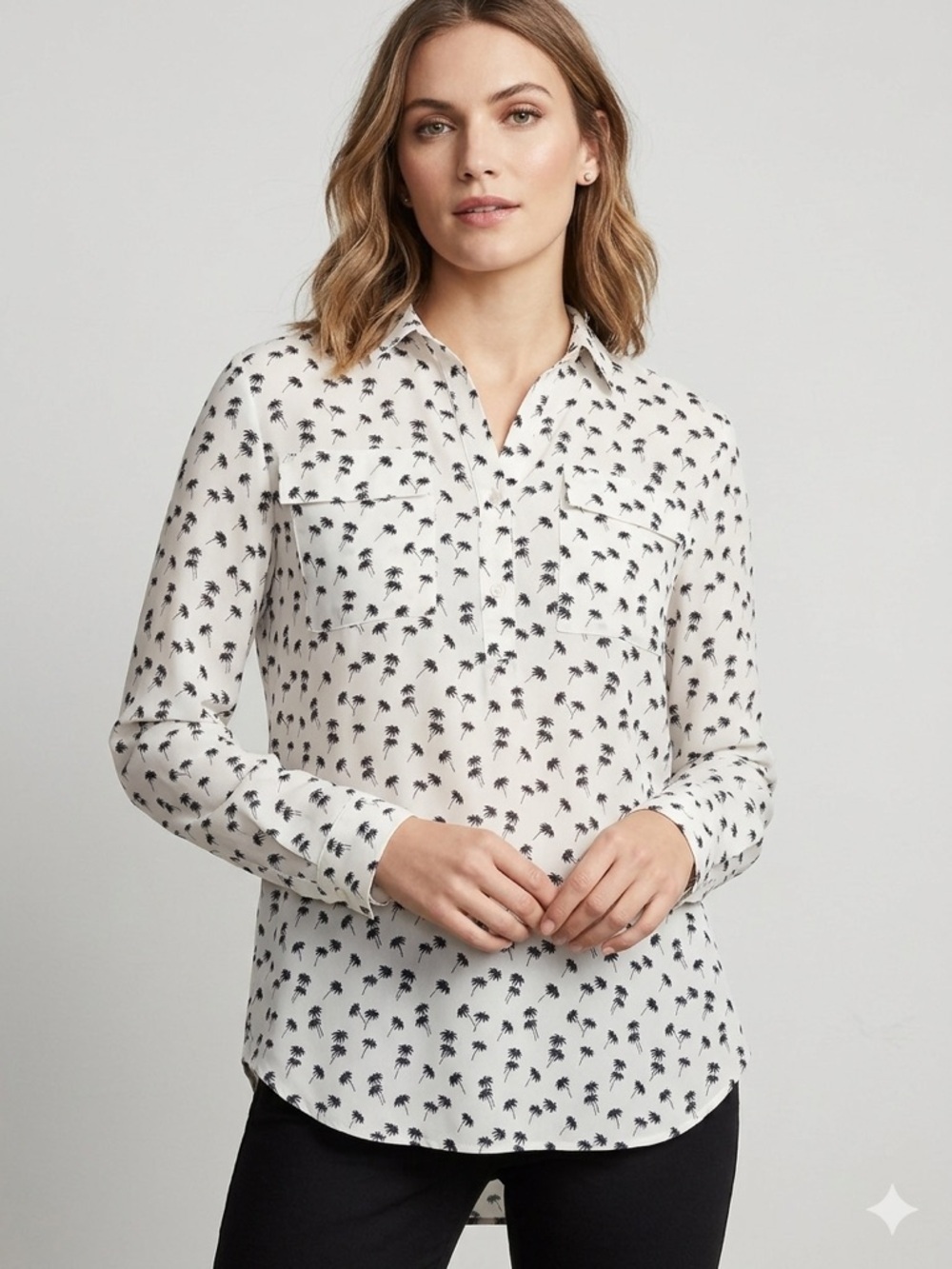 Ann Taylor Palm Tree Print Utility Blouse - Size Small